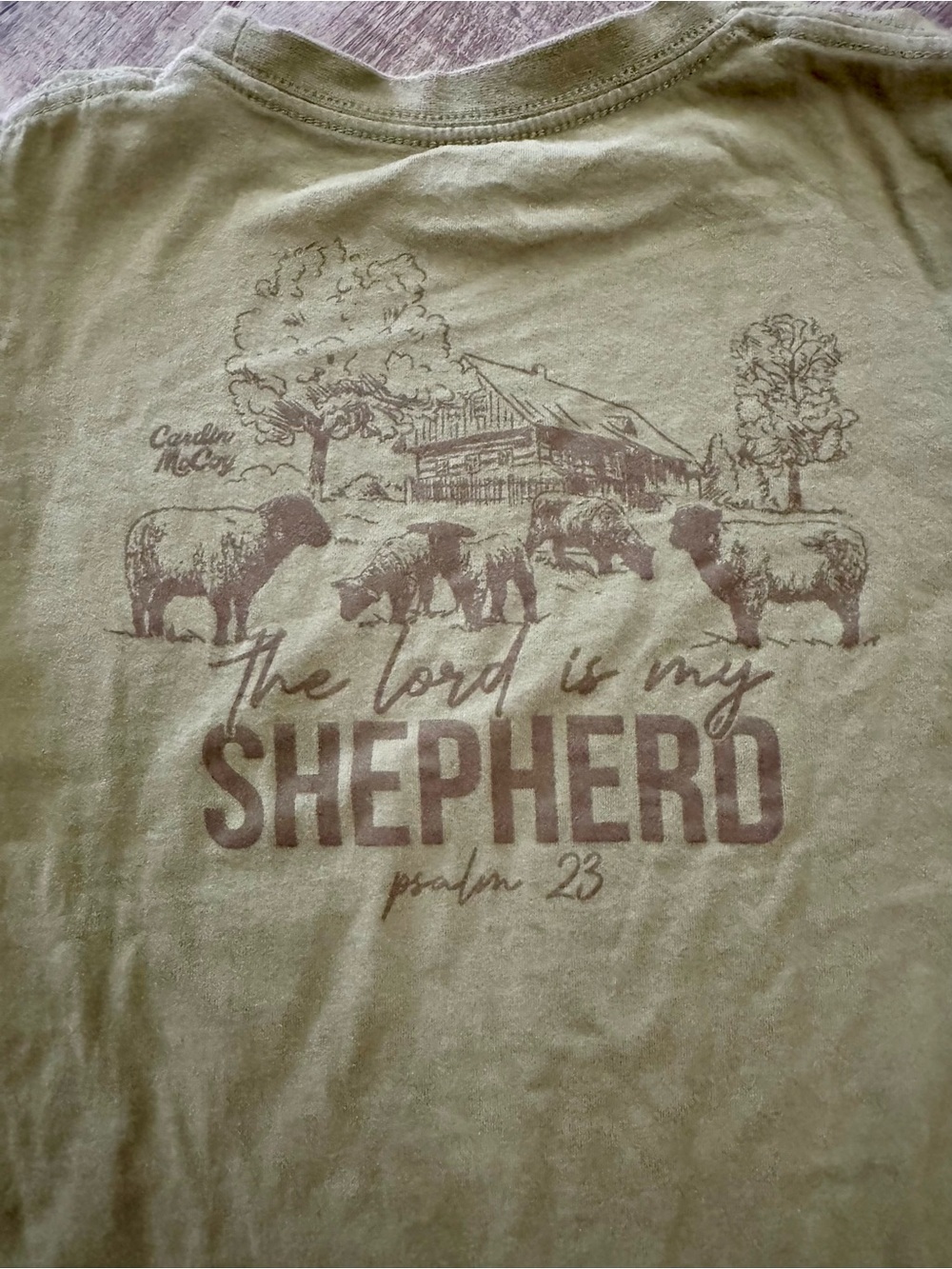 Cardin McCoy Boys T-Shirt XS 4/5 Olive Green Psalm 23 Farm Sheep Graphic Tee